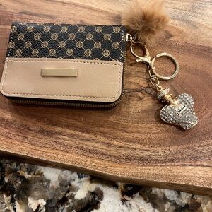 Card holder and Key chain Black and Tan with a stylish rhinestone perfume bottle